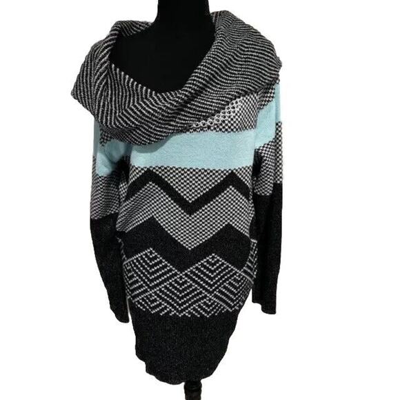 Vanity Long Teal gray sweater Dress metallic thread Y2k  90 Sz L Geometric zig - Picture 1 of 6